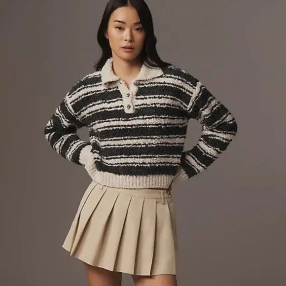 MAEVE by Anthropologie Striped Polo Sweater Grey/Cream Size Small